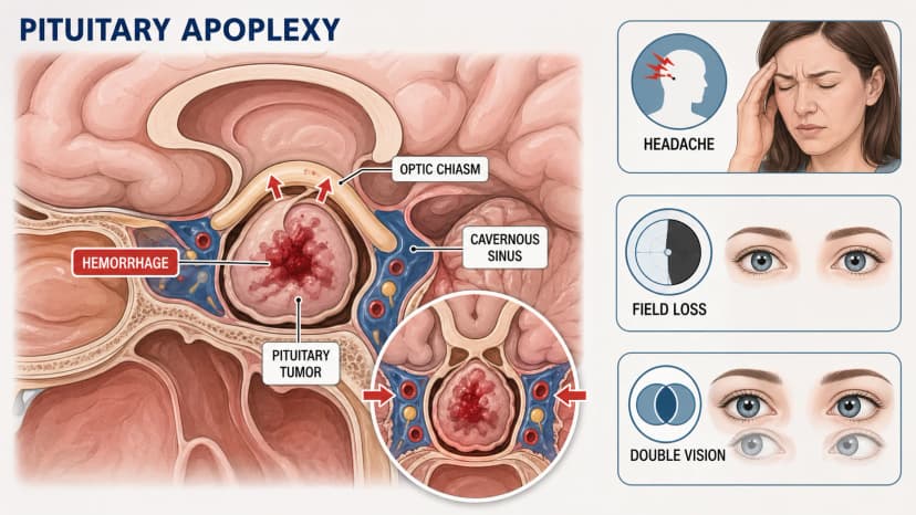 Pituitary apoplexy diagram showing hemorrhage inside pituitary tumor compressing the optic chiasm and cavernous sinus with headache, field loss, and double vision