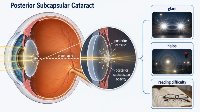 Posterior subcapsular cataract lens diagram showing posterior capsule opacity near the visual axis causing glare, halos, and reading difficulty