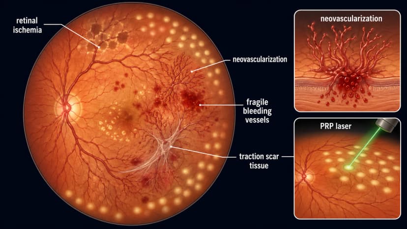 Proliferative diabetic retinopathy retina diagram showing ischemia-driven neovascularization, fragile bleeding vessels, traction scar tissue, and PRP laser treatment