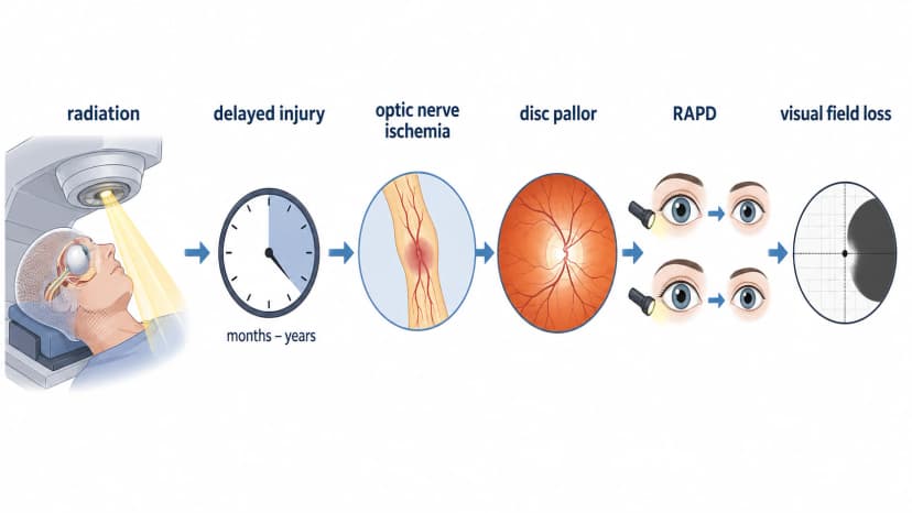 Radiation optic neuropathy timeline showing delayed optic nerve ischemia, disc pallor, RAPD, and visual field loss after head or orbit radiation