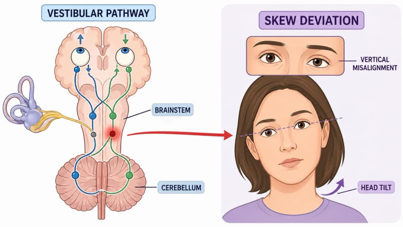 Skew deviation diagram showing vestibular pathway lesion causing vertical eye misalignment, ocular tilt reaction, and compensatory head tilt