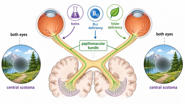 Toxic and nutritional optic neuropathy diagram showing papillomacular bundle damage from toxins, B12 deficiency, folate deficiency, and bilateral central scotomas