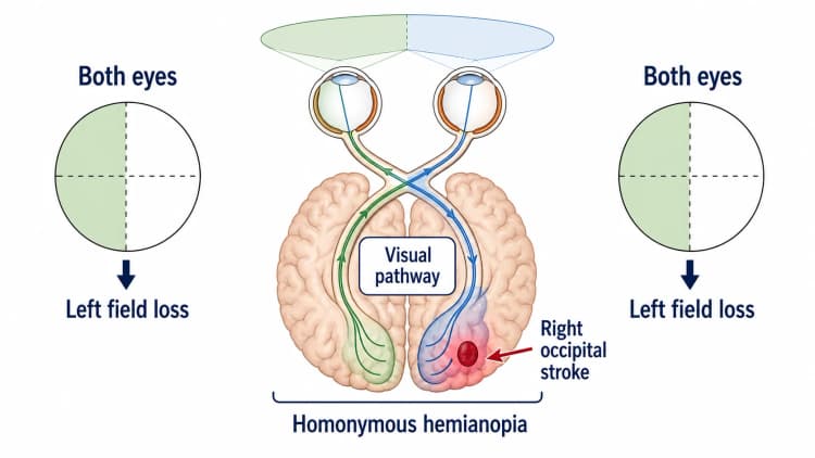 Homonymous hemianopia diagram showing right occipital stroke causing left visual field loss in both eyes