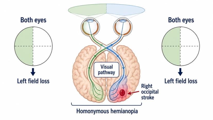 Homonymous hemianopia diagram showing right occipital stroke causing left visual field loss in both eyes