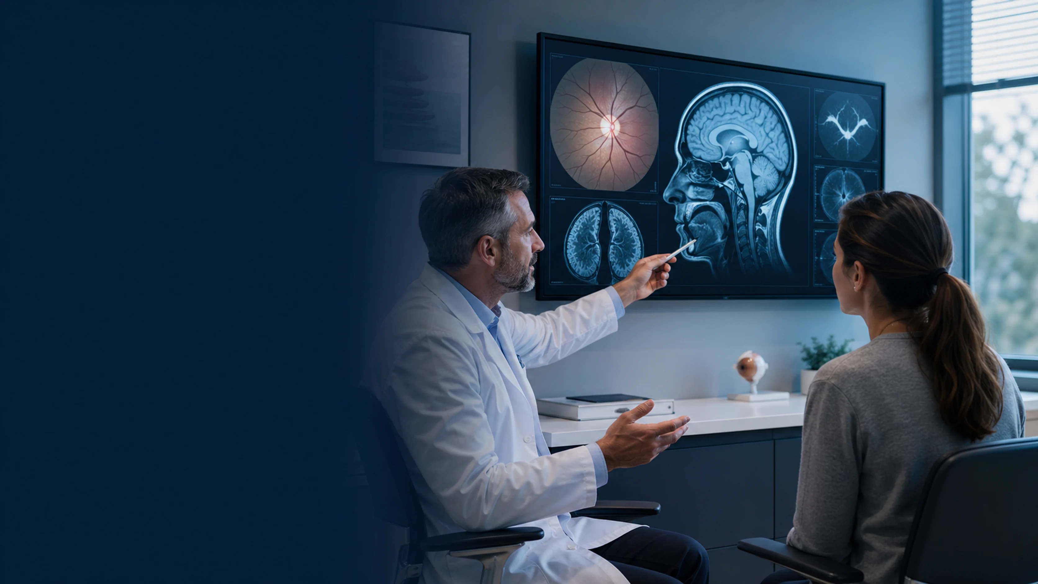 Neuro-ophthalmology consultation reviewing optic nerve and brain imaging