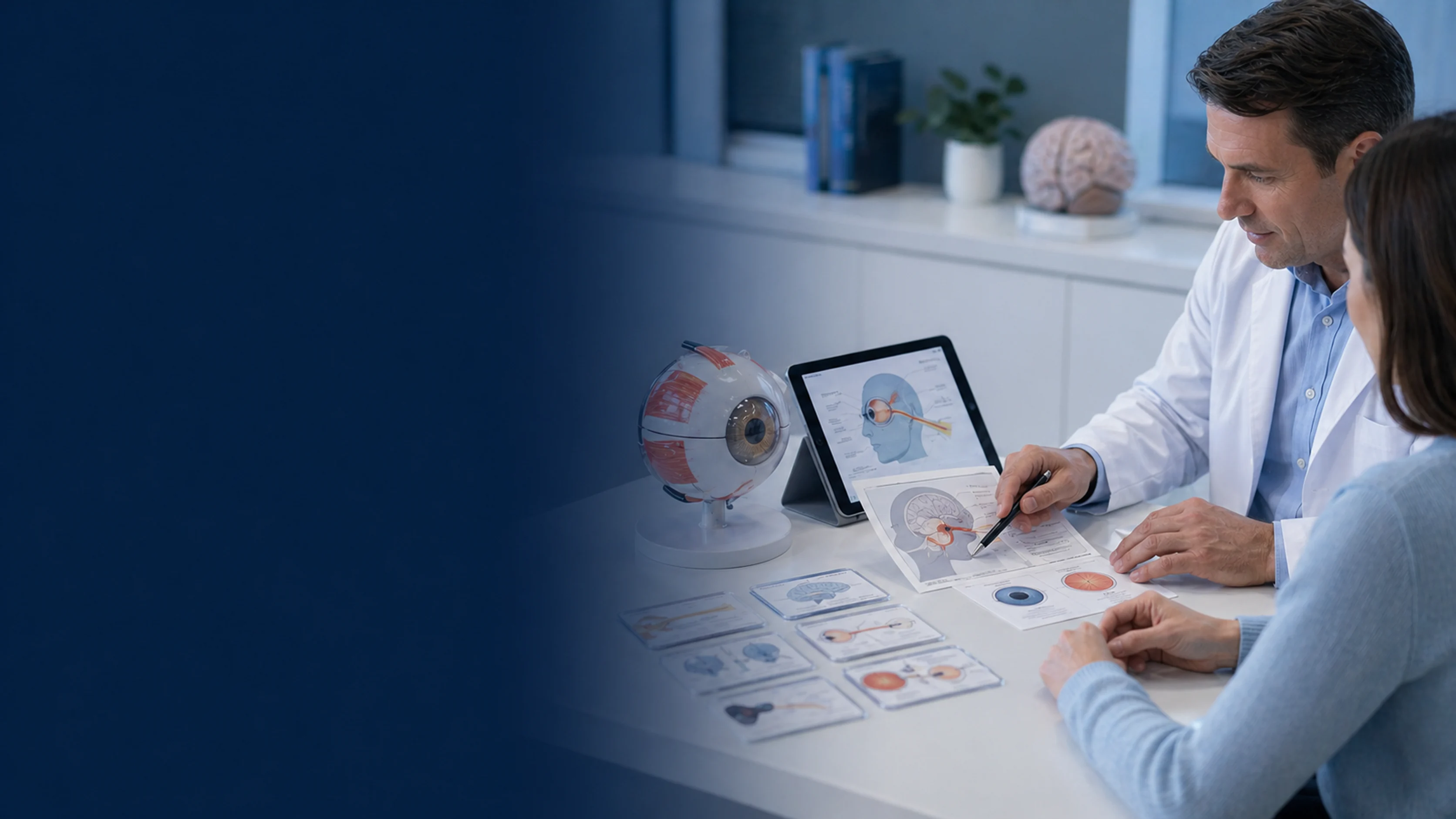 Clinician explaining eye and brain anatomy terms with patient education materials