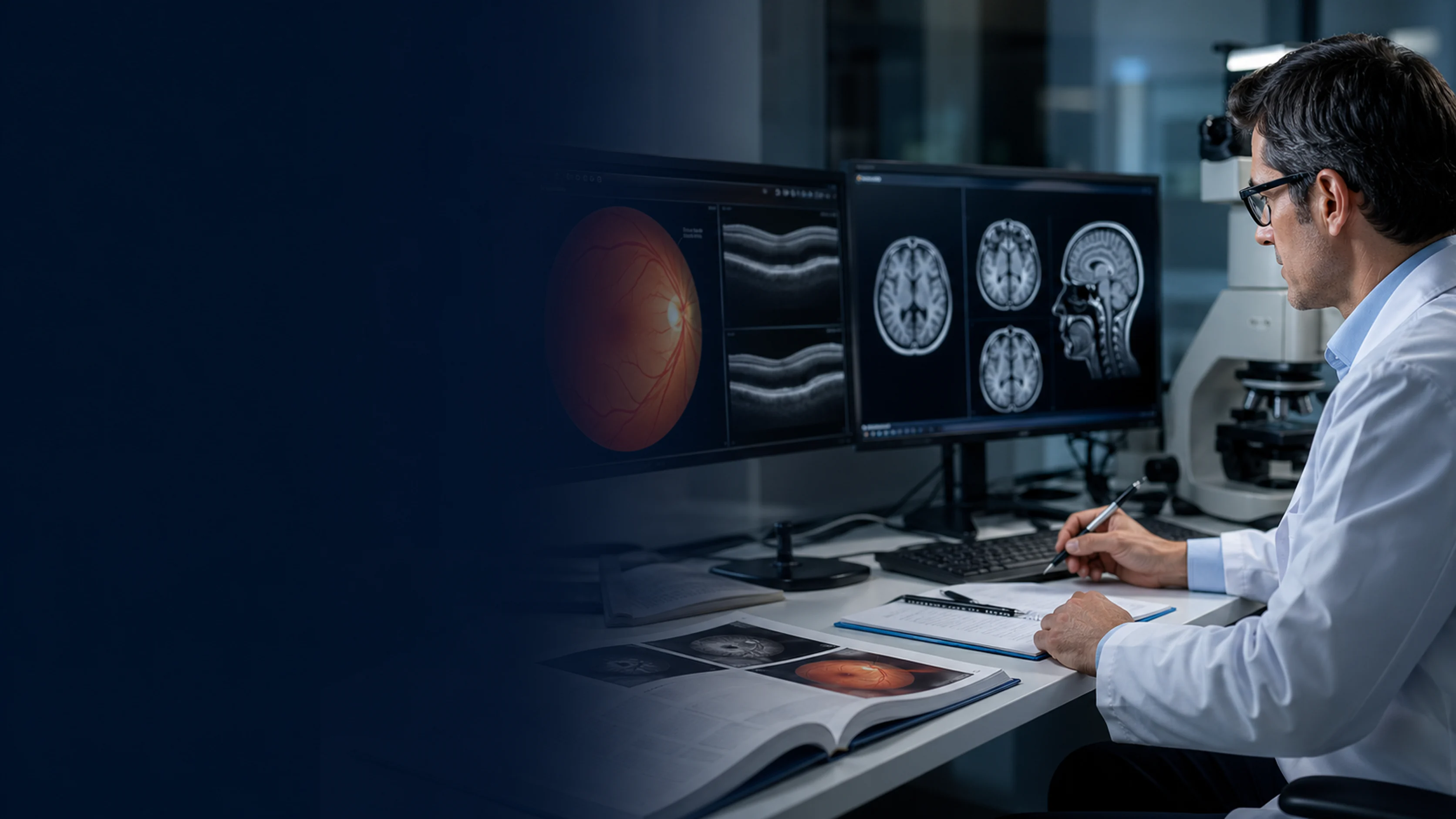 Physician researcher reviewing ophthalmology and brain imaging data