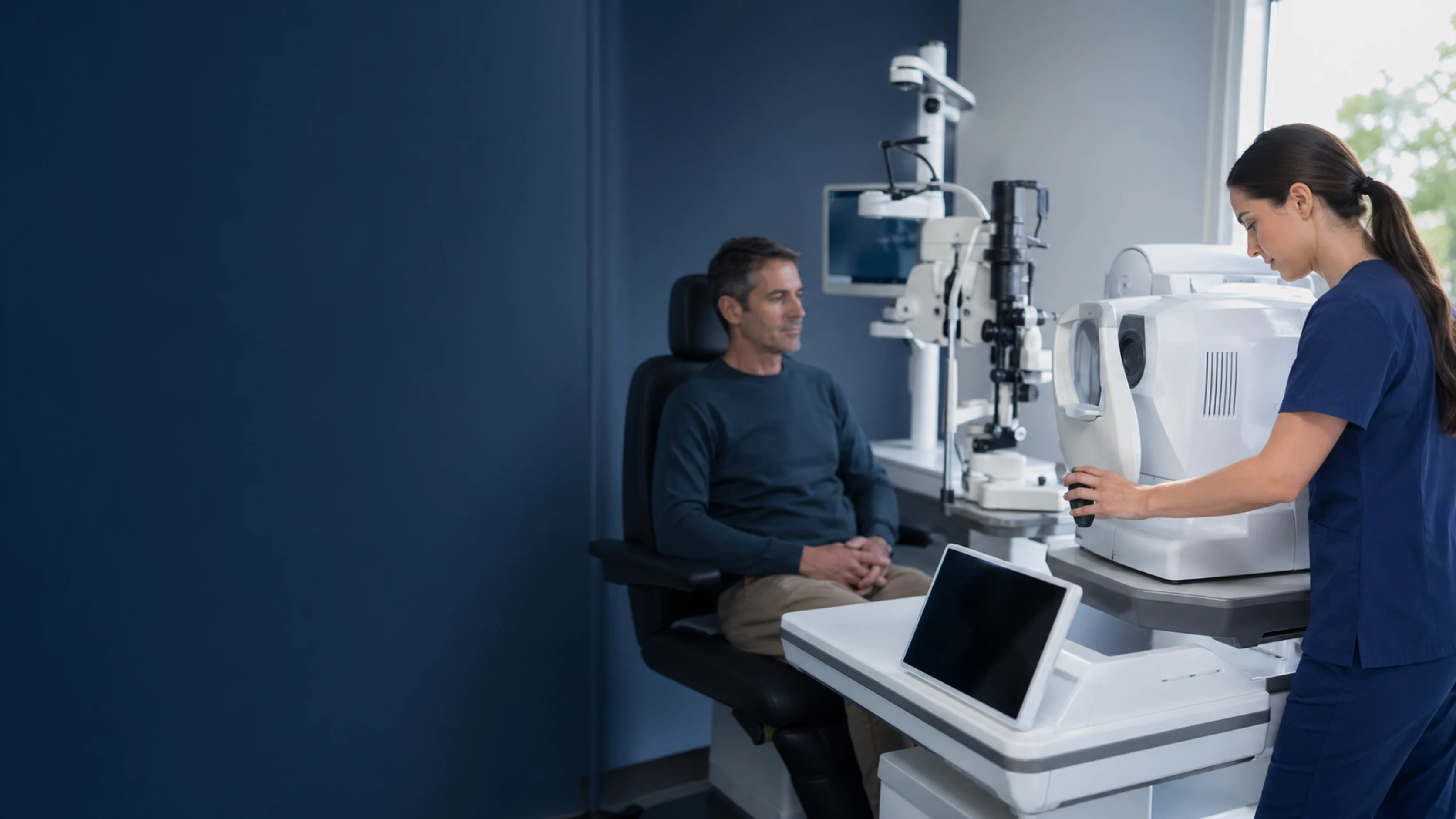 Ophthalmic technician preparing diagnostic eye testing equipment