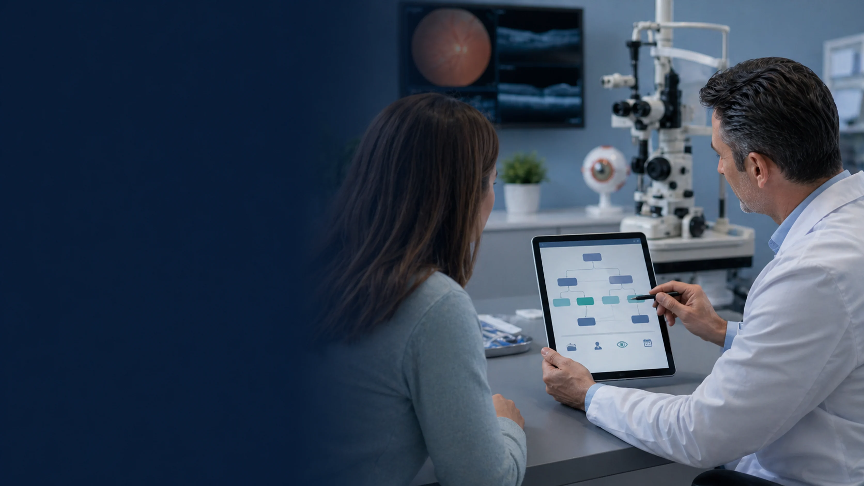 Clinician and patient using a tablet-based vision symptom pathway