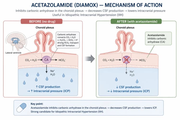 Diagram of acetazolamide (Diamox) mechanism of action: side-by-side comparison of choroid plexus epithelial cells before and after acetazolamide; normally carbonic anhydrase converts CO2 and H2O into bicarbonate (HCO3-) and hydrogen ions (H+), driving sodium and water transport to produce cerebrospinal fluid (CSF) and maintain intracranial pressure; acetazolamide inhibits carbonic anhydrase in the choroid plexus, decreasing bicarbonate generation and Na+/H2O flux, which reduces CSF production and lowers intracranial pressure (ICP), making it a first-line medical treatment for idiopathic intracranial hypertension (IIH)