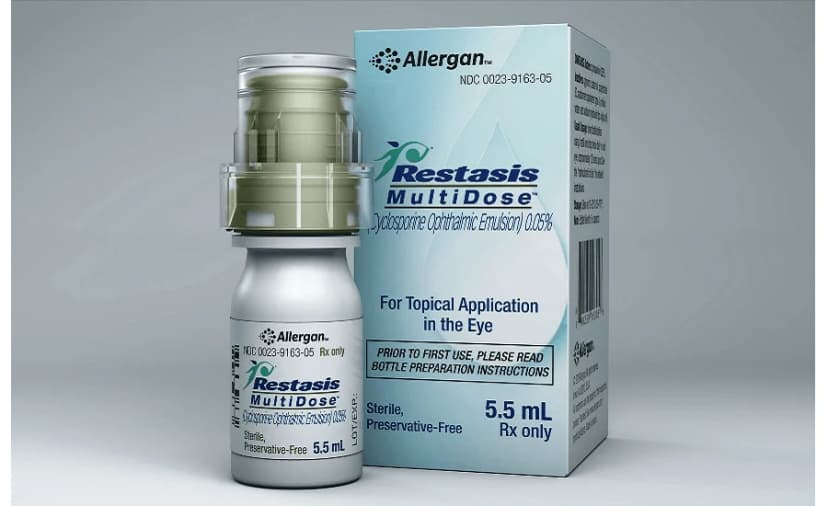 Restasis MultiDose cyclosporine ophthalmic emulsion 0.05% preservative-free bottle and packaging for dry eye treatment