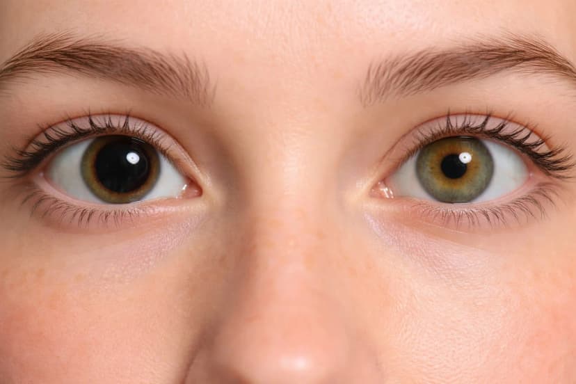 Anisocoria (Unequal Pupils) - One Dilated Pupil Compared to Normal Pupil Close-up of a person's eyes showing anisocoria - one pupil significantly larger (dilated) than the other, demonstrating unequal pupil size that may indicate Horner syndrome, third nerve palsy, or other neurological conditions