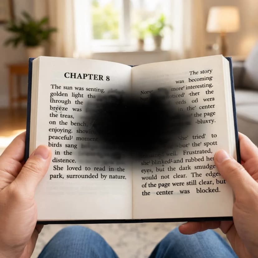 Central Vision Loss Scotoma Simulation - Reading With Macular Degeneration Simulation of central vision loss showing dark scotomas obscuring the center of a book page while peripheral edges remain clear - illustrating how macular degeneration and central scotoma affect reading
