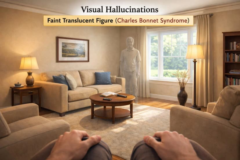 Charles Bonnet Syndrome Simulation - Translucent Figure Hallucination Simulation of a Charles Bonnet syndrome visual hallucination showing a faint translucent figure of a man standing in a living room as seen from the perspective of an elderly person sitting in a chair - illustrating how patients with vision loss may see vivid but unreal images that are not caused by psychiatric illness