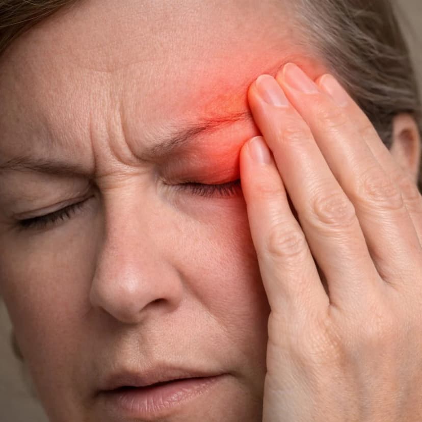 Severe Eye Pain - Periorbital and Orbital Pain Clinical Illustration Woman with eyes closed pressing her hand against her eye and temple area with a red glow indicating severe periorbital eye pain - illustrating the appearance of acute eye pain from conditions such as acute glaucoma, optic neuritis, or orbital inflammation