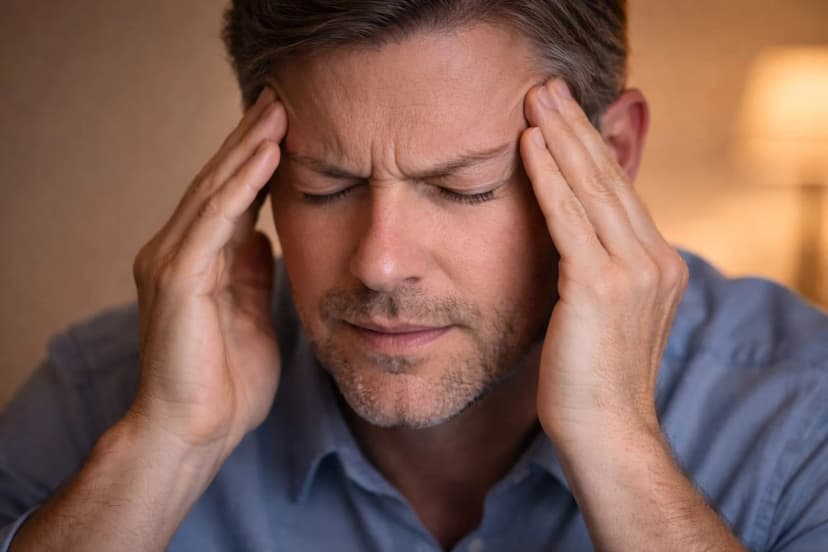 Severe Headache and Migraine - Man Pressing Temples With Bilateral Head Pain Man with eyes closed pressing both hands against his temples with a pained expression - illustrating severe bilateral headache or migraine, a common symptom with neuro-ophthalmologic causes including increased intracranial pressure and visual disturbances