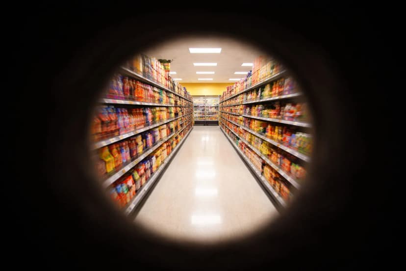 Tunnel Vision Simulation - Peripheral Vision Loss in Everyday Life Simulation of peripheral vision loss showing a grocery store aisle viewed through a narrow circular opening surrounded by complete darkness - illustrating tunnel vision caused by conditions such as glaucoma, retinitis pigmentosa, or optic nerve damage