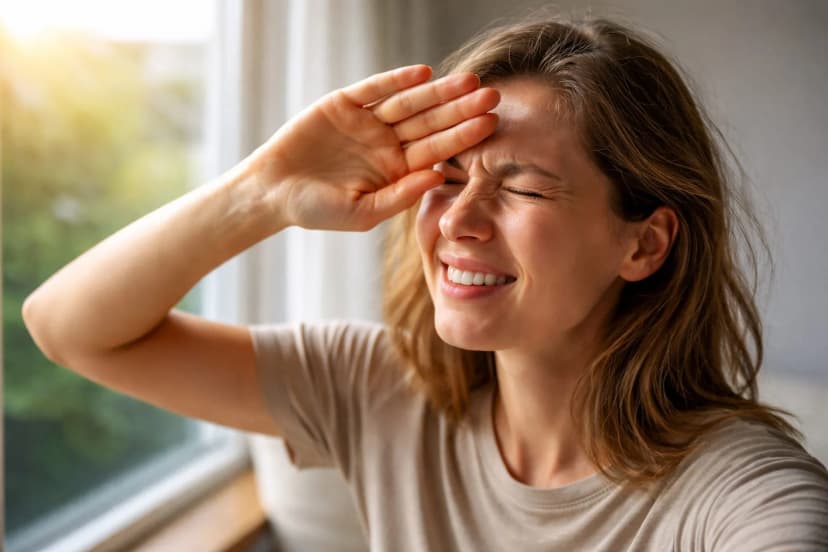 Photophobia (Light Sensitivity) - Woman Shielding Eyes From Bright Sunlight Woman squinting and raising her hand to shield her eyes from bright sunlight streaming through a window - illustrating photophobia or light sensitivity, a common symptom of migraines, uveitis, and dry eye