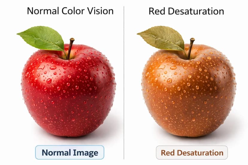Red Desaturation Comparison - Normal Color Vision vs. Optic Nerve Color Loss Side-by-side comparison showing normal red color vision versus red desaturation - a vivid red apple on the left appears washed-out orange-brown on the right, illustrating how optic nerve disease affects color perception