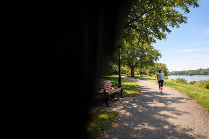 Transient Vision Loss Simulation - Curtain Coming Down Over Vision (Amaurosis Fugax) Simulation of transient vision loss showing a dark curtain-like shadow descending over one side of a park scene - illustrating amaurosis fugax, the classic curtain coming down description reported by patients with temporary monocular vision loss