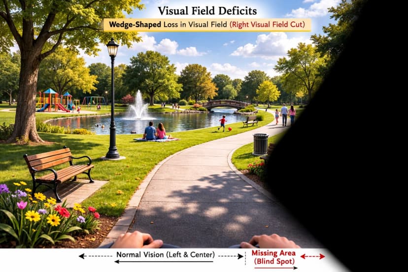 Visual Field Deficit Simulation - Wedge-Shaped Right Visual Field Cut Simulation of a visual field deficit showing a wedge-shaped blind spot obscuring the right side of a park scene - the left and center vision remain normal while the right visual field is blacked out, illustrating how a right visual field cut from stroke or brain lesion appears in everyday life