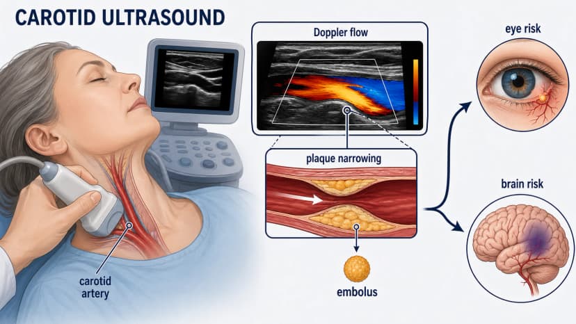 Carotid ultrasound diagram showing neck Doppler probe, carotid plaque narrowing, blood-flow color map, and eye-brain embolic risk