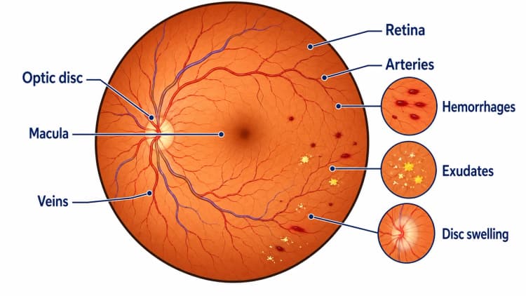 Fundoscopic exam diagram labeling optic disc, macula, retina, arteries, veins, hemorrhages, exudates, and disc swelling