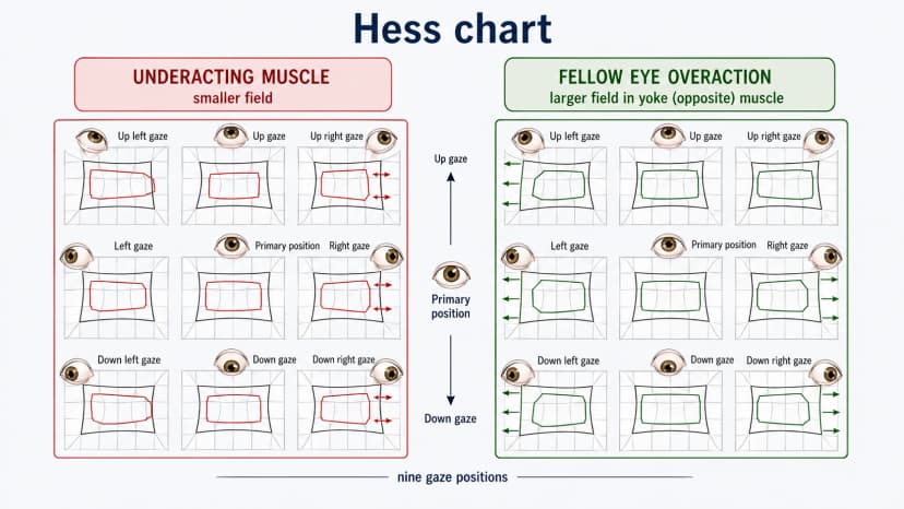 Hess chart diagram showing nine gaze positions, underacting muscle field shrinkage, and corresponding fellow eye overaction pattern