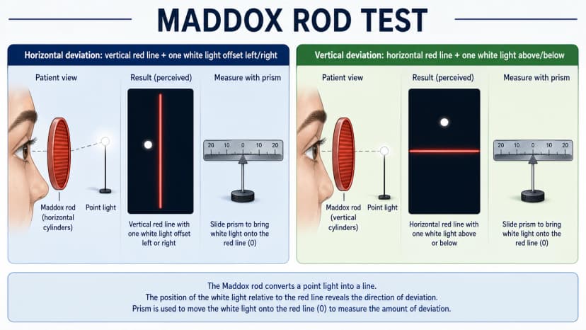 Maddox rod test diagram showing red lens turning point light into a line with prism measurement of horizontal and vertical diplopia