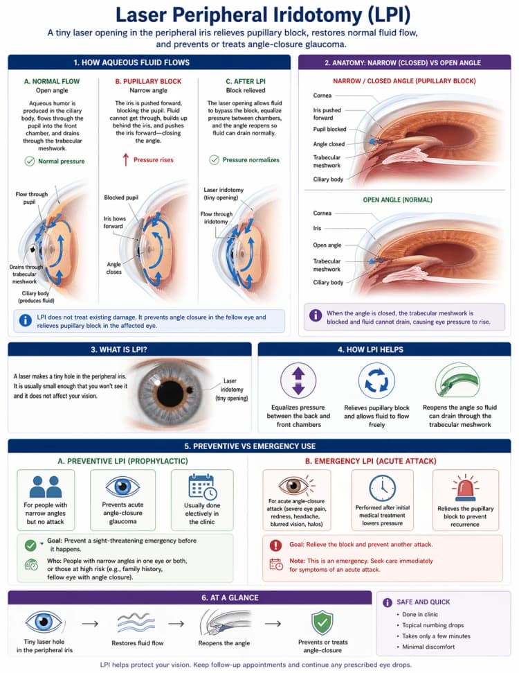 Aqueous flow before and after laser iridotomy, showing the iris opening relieving pupillary block.